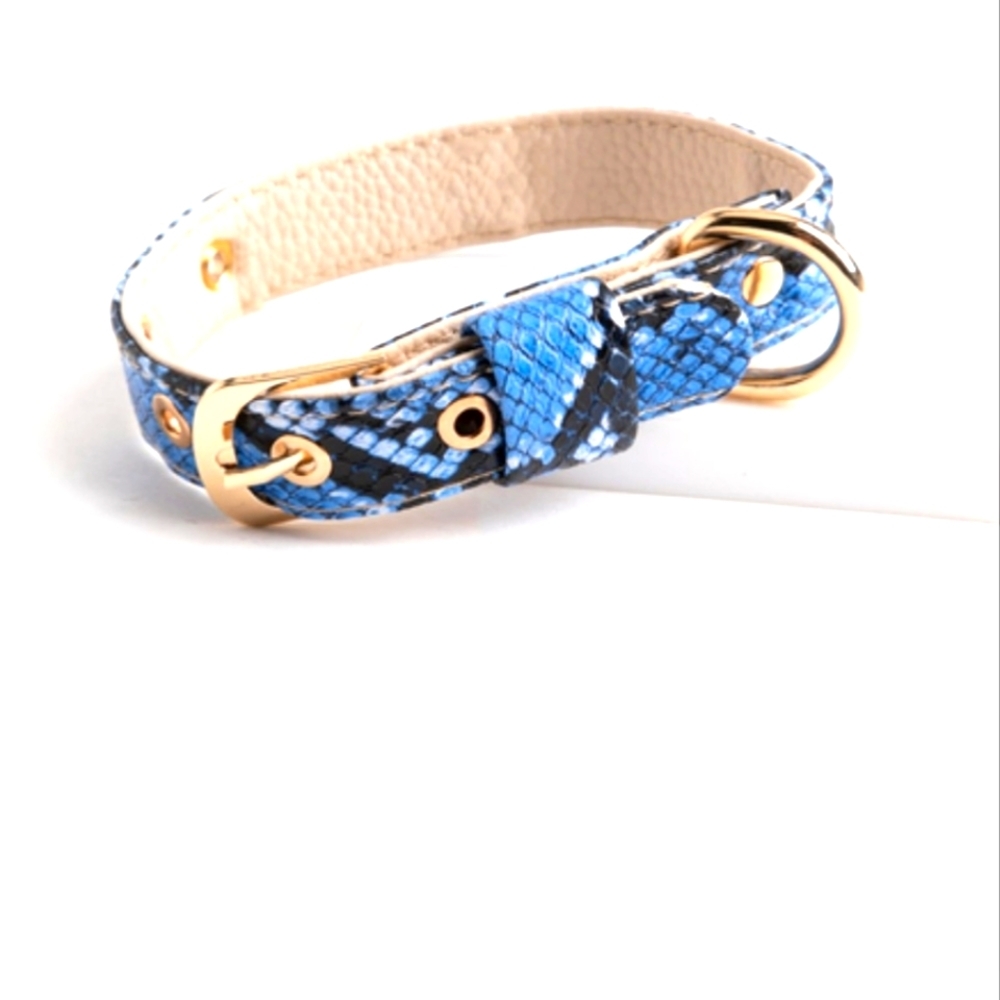 New Blue Snakeskin Pet Collar With Leash Hoop and Adjustable Buckle Closure Sz L